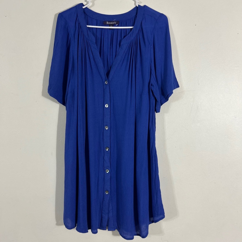 Roaman's Tunic Blouse Womens 12W Blue Button Front Rayon Gauze Pleated